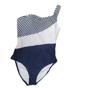 Kona Sol One Piece One Shoulder Navy White Striped Swimsuit Size Medium